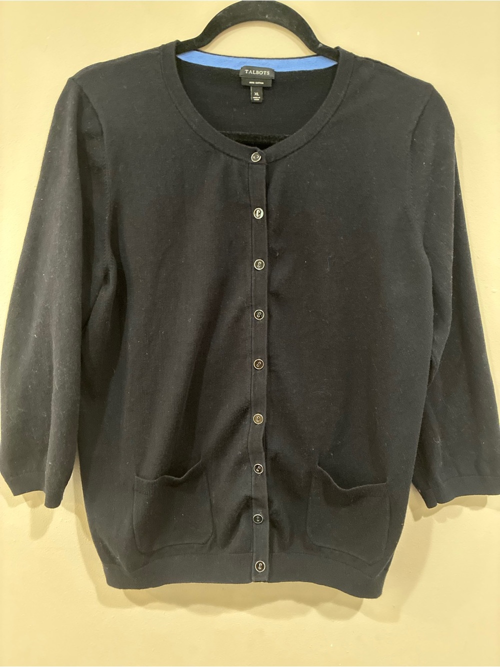 Talbots Black Button-Front Crewneck 3/4 sleeve Cardigan